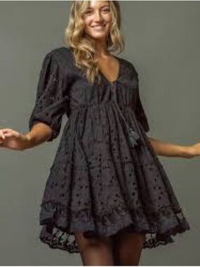 Black Eyelet Babydoll Mini Dress with Puff Sleeves